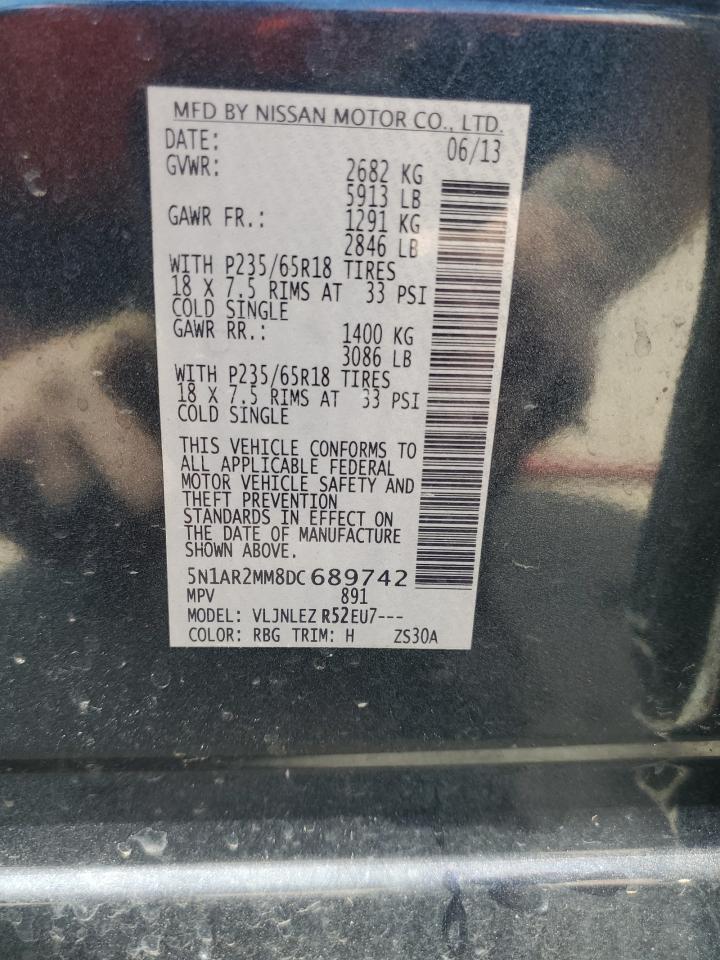 2013 Nissan Pathfinder VIN 5N1AR2MM8DC689742 Copart auction photo, side damage thumbnail 13