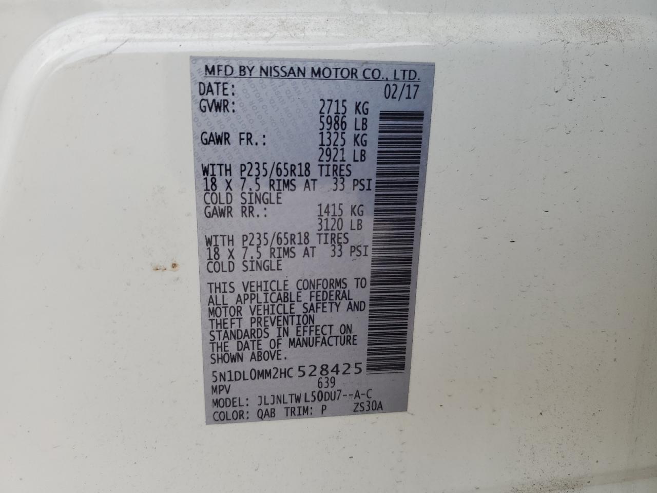 2017 Infiniti QX60 VIN 5N1DL0MM2HC528425 Copart auction photo, rear end / side damage thumbnail 13
