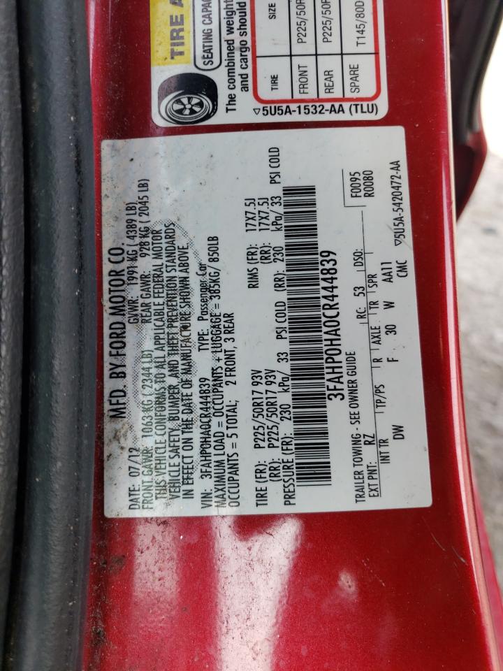 2012 Ford Fusion VIN 3FAHP0HA0CR444839 Copart auction photo, front end damage thumbnail 13