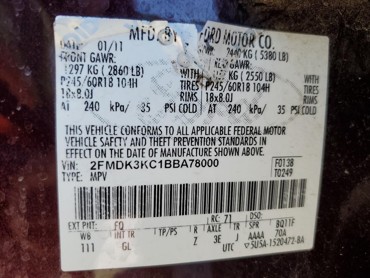 2011 Ford Edge VIN 2FMDK3KC1BBA78000 Copart auction photo, side damage thumbnail 13