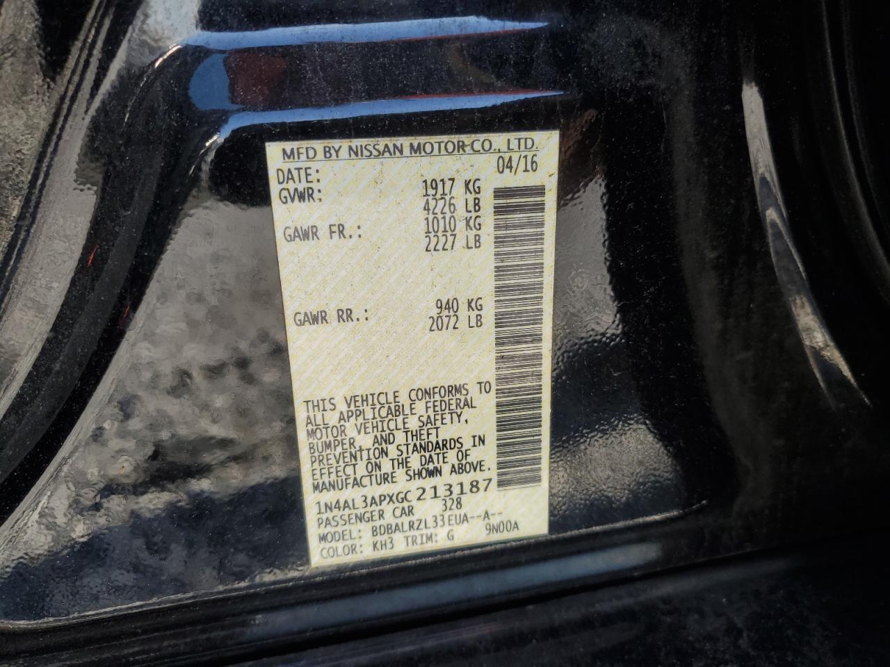 2016 Nissan Altima VIN 1N4AL3APXGC213187 Copart auction photo, all over damage thumbnail 14