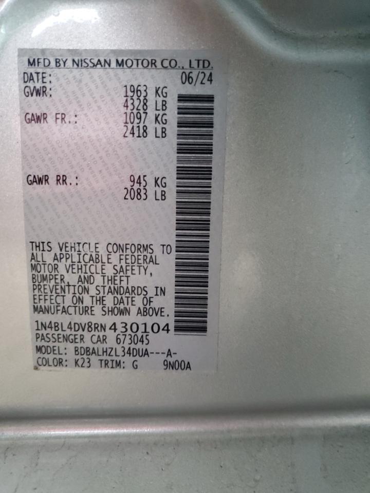 2024 Nissan Altima VIN 1N4BL4DV8RN430104 Copart auction photo, side / front end damage thumbnail 12