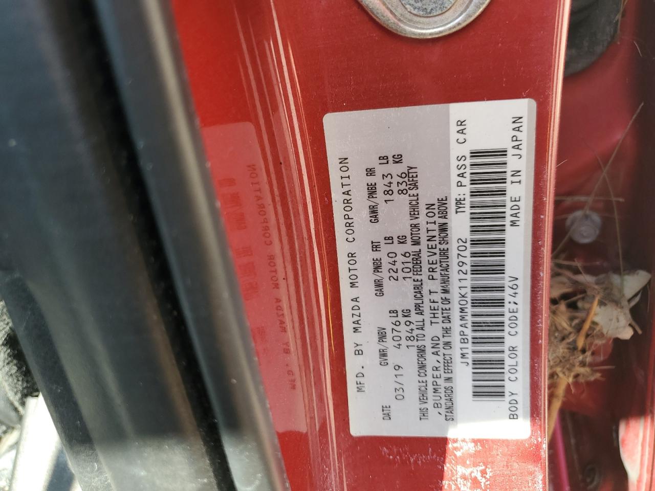2019 Mazda 3 VIN JM1BPAMM0K1129702 Copart auction photo, water/flood damage thumbnail 13