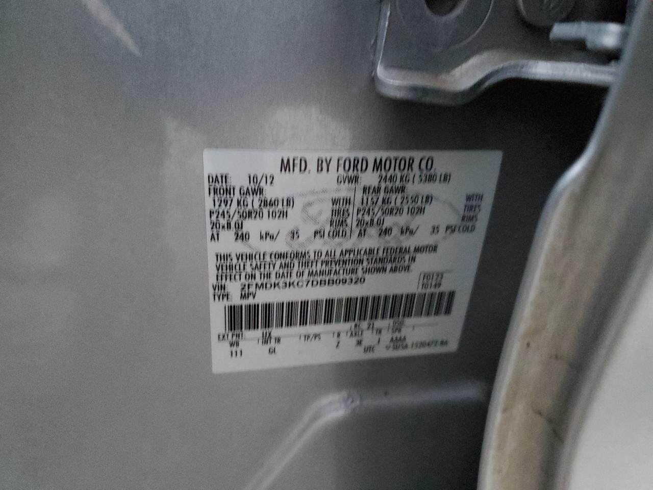2013 Ford Edge VIN 2FMDK3KC7DBB09320 Copart auction photo, front end damage thumbnail 13