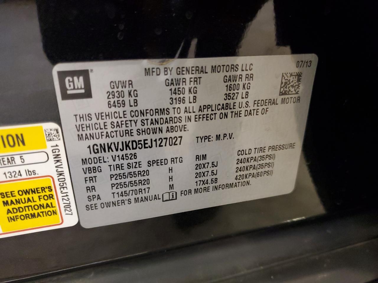 2014 Chevrolet Traverse VIN 1GNKVJKD5EJ127027 Copart auction photo, frame damage damage thumbnail 13