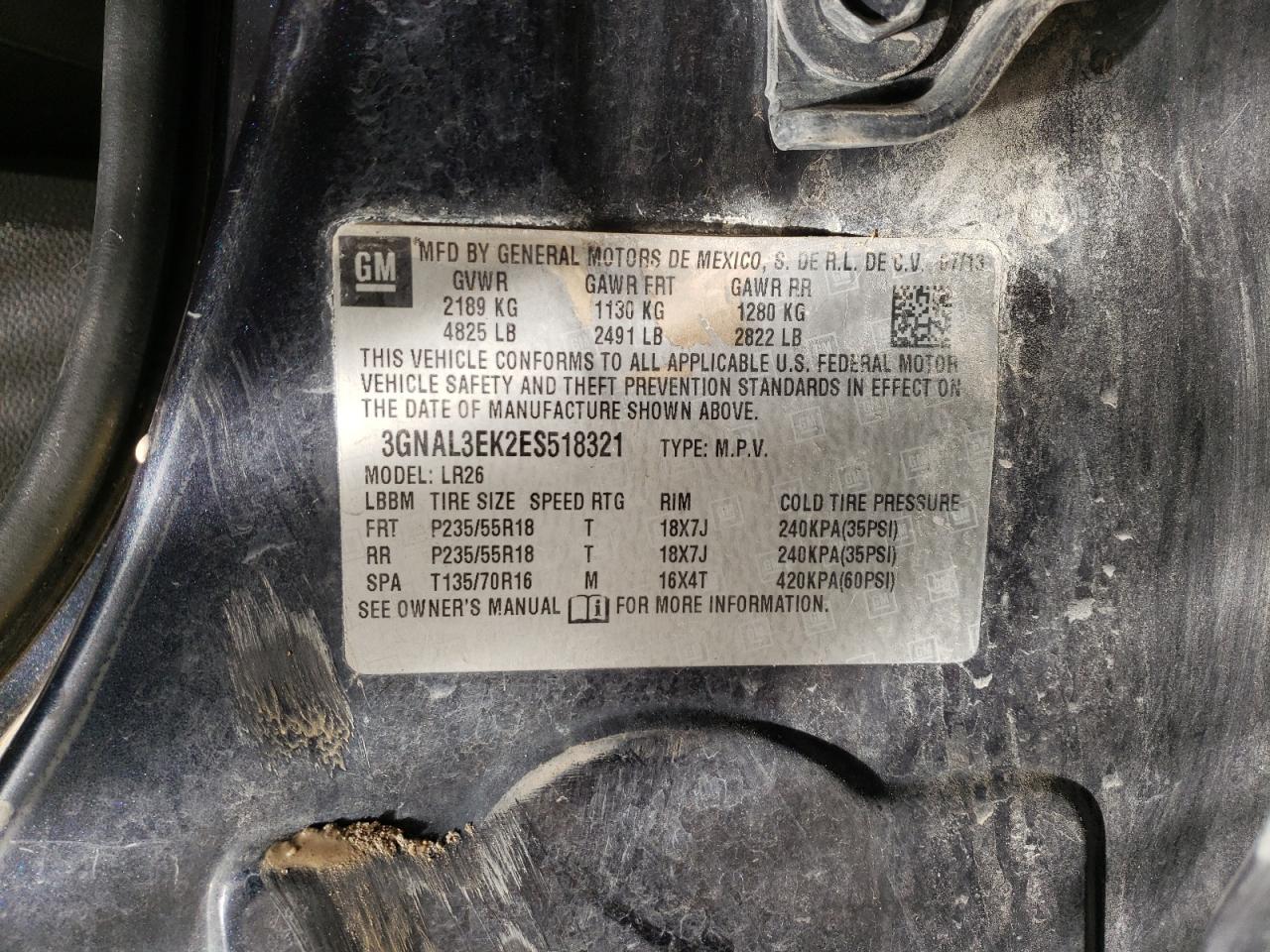 2014 Chevrolet Captiva VIN 3GNAL3EK2ES518321 Copart auction photo, all over damage thumbnail 13