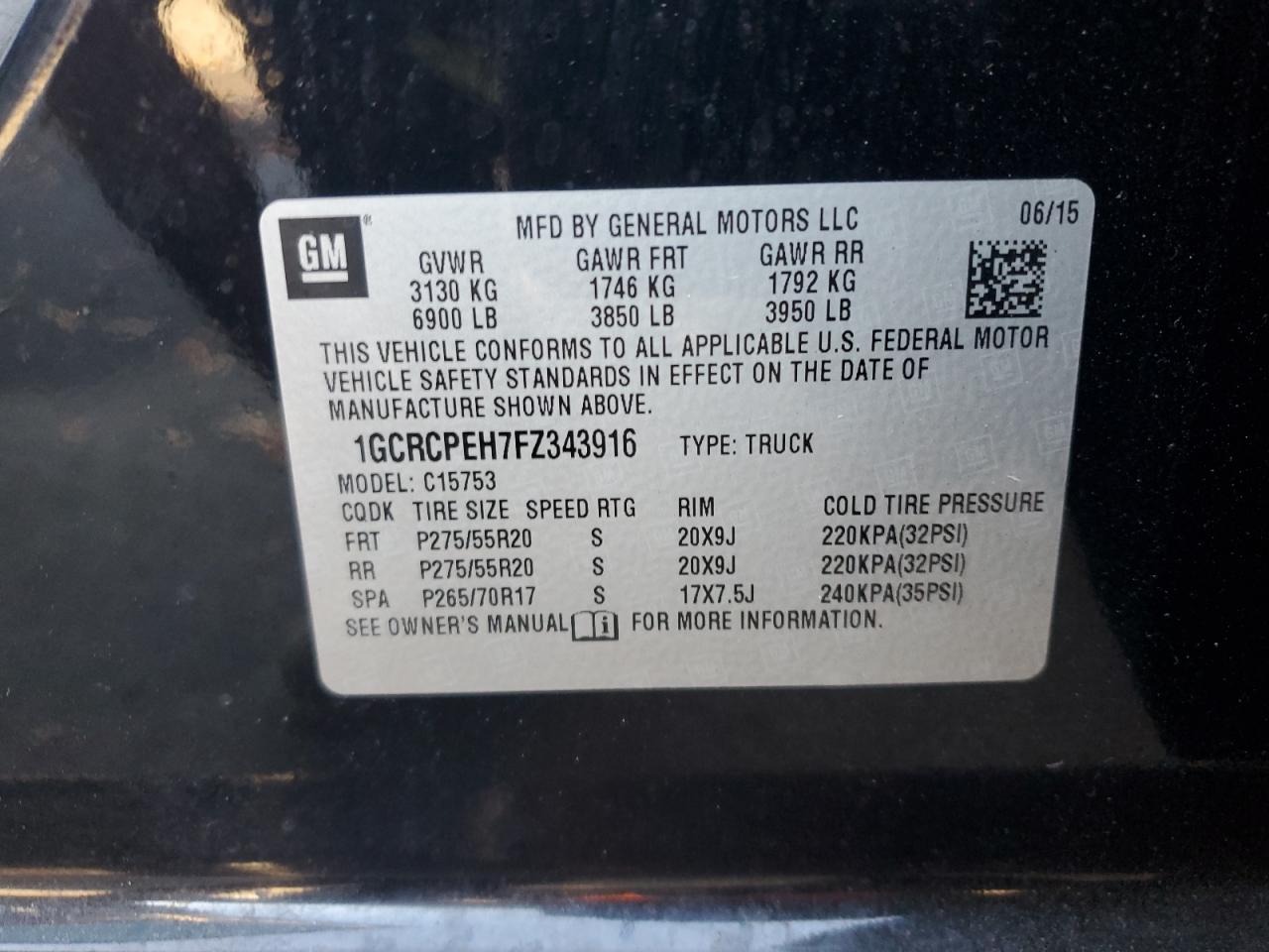 2015 Chevrolet Silverado VIN 1GCRCPEH7FZ343916 Copart auction photo, front end / rear end damage thumbnail 12