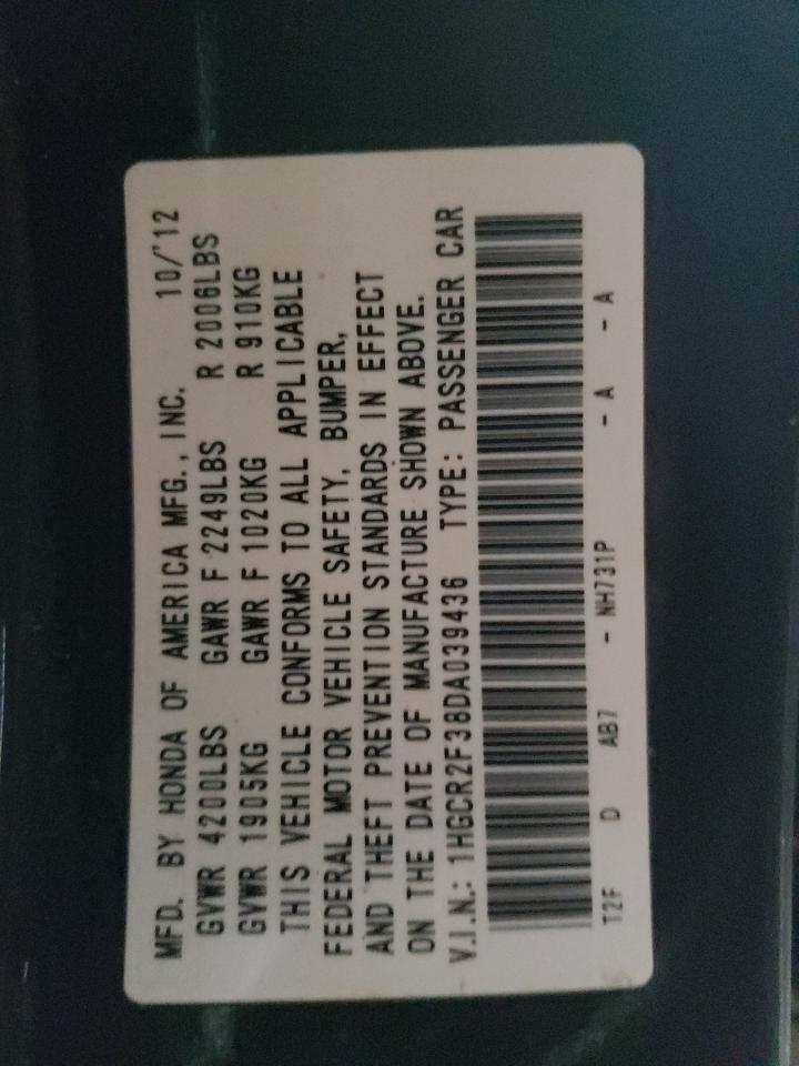 2013 Honda Accord VIN 1HGCR2F38DA039436 Copart auction photo, front end damage thumbnail 12