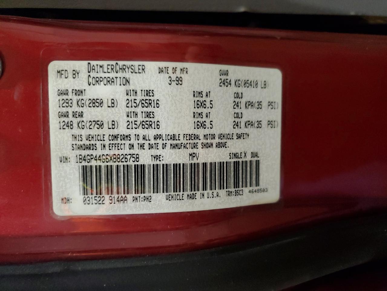 1999 Dodge Caravan VIN 1B4GP44G6XB826758 Copart auction photo, front end damage thumbnail 12