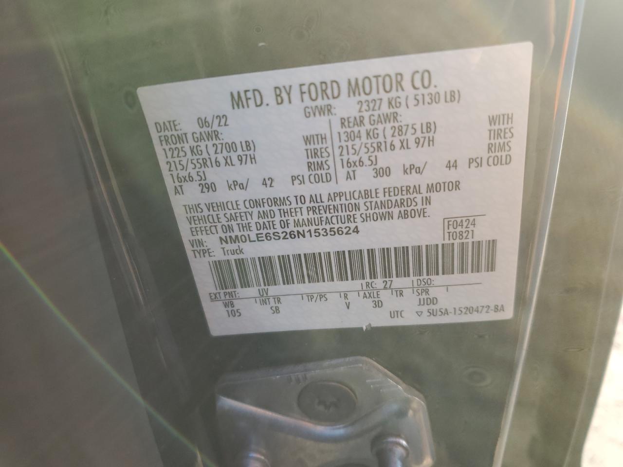 2022 Ford Transit VIN NM0LE6S26N1535624 Copart auction photo, rear end / minor dent/scratches damage thumbnail 13