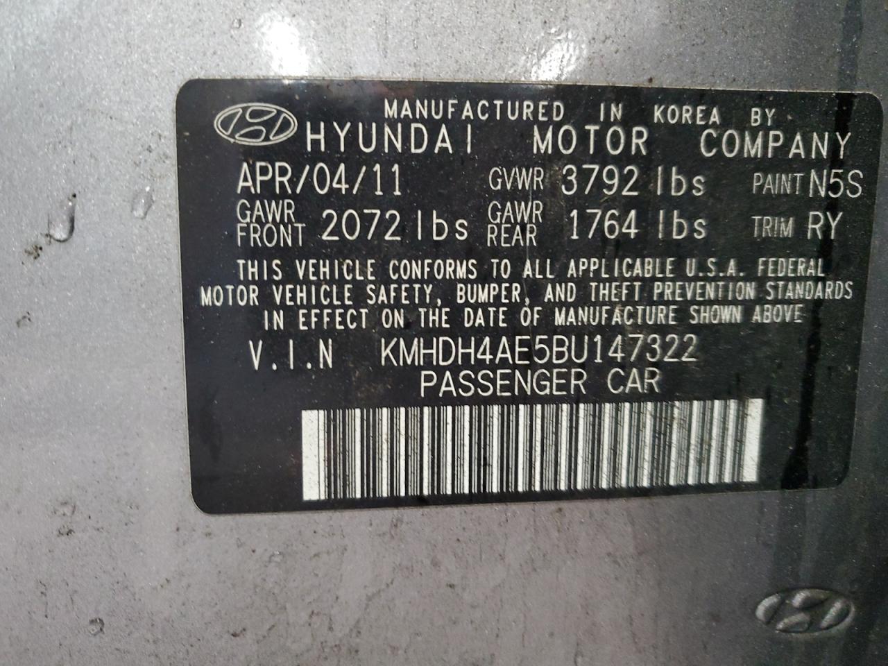 2011 Hyundai Elantra VIN KMHDH4AE5BU147322 Copart auction photo, front end / minor dent/scratches damage thumbnail 12