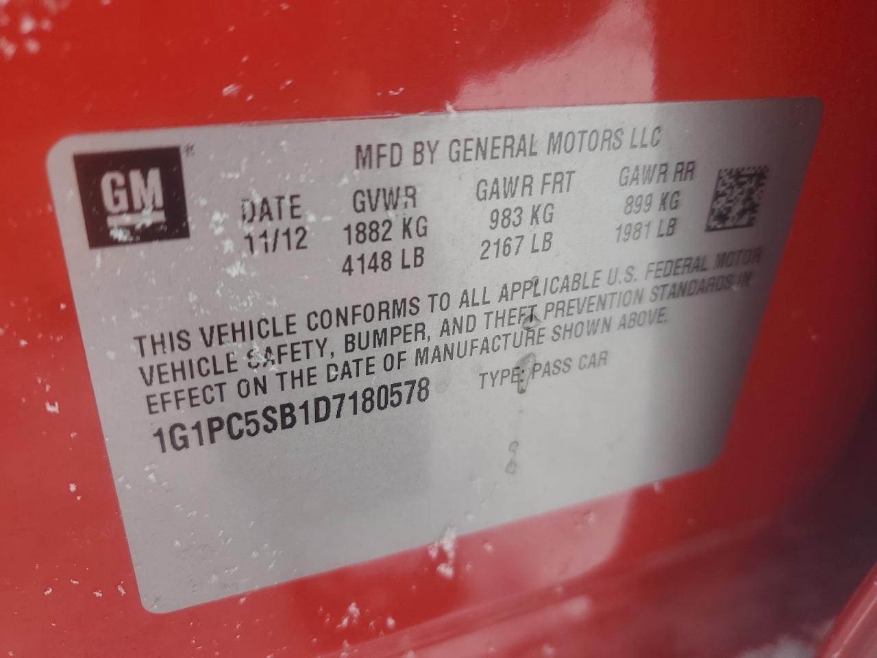 2013 Chevrolet Cruze VIN 1G1PC5SB1D7180578 Copart auction photo, rear end damage thumbnail 13