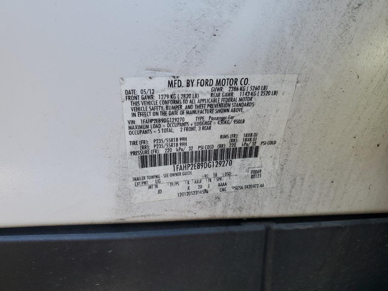 2013 Ford Taurus VIN 1FAHP2E89DG129270 Copart auction photo, front end damage thumbnail 12
