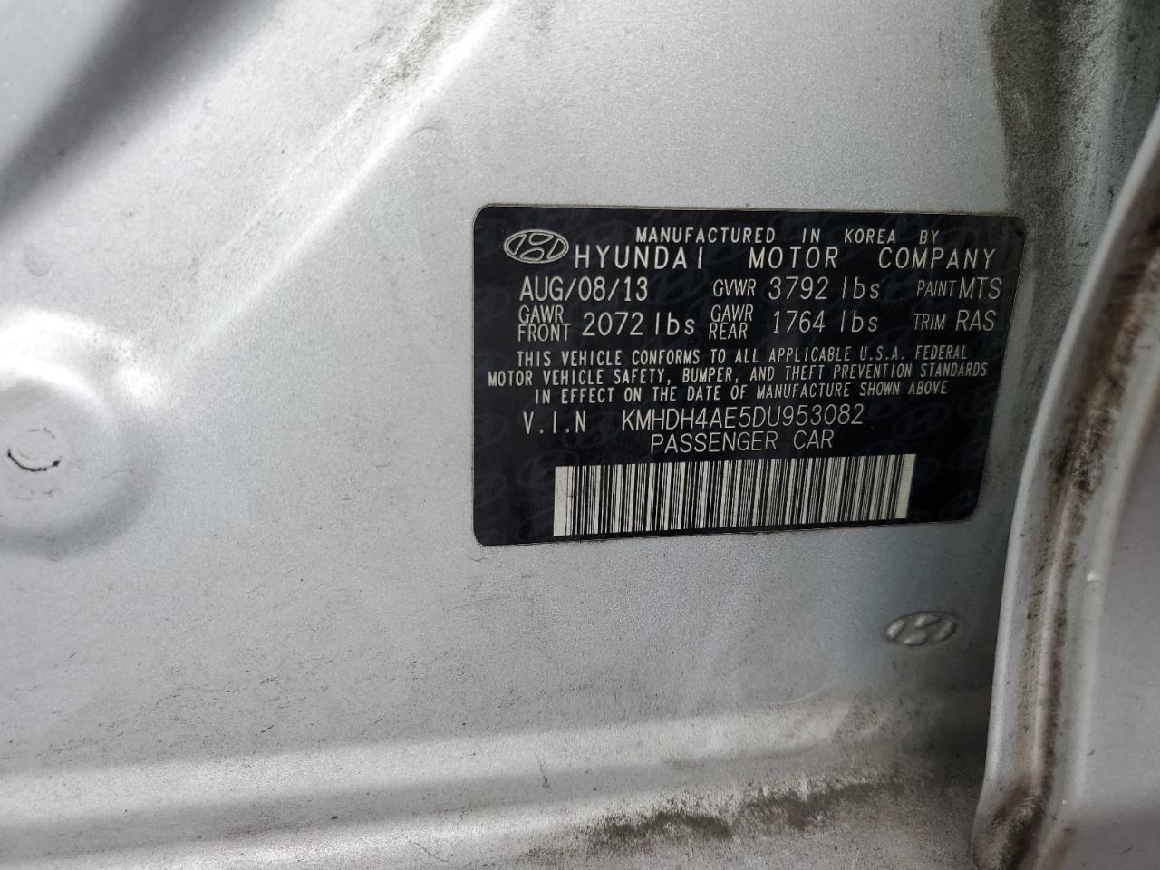 2013 Hyundai Elantra VIN KMHDH4AE5DU953082 Copart auction photo, rear end damage thumbnail 12