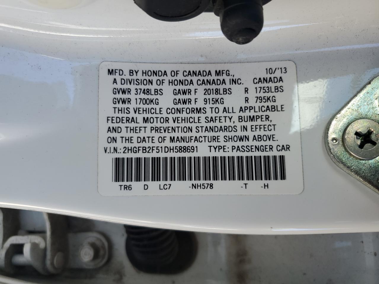 2013 Honda Civic VIN 2HGFB2F51DH588691 Copart auction photo, side damage thumbnail 12