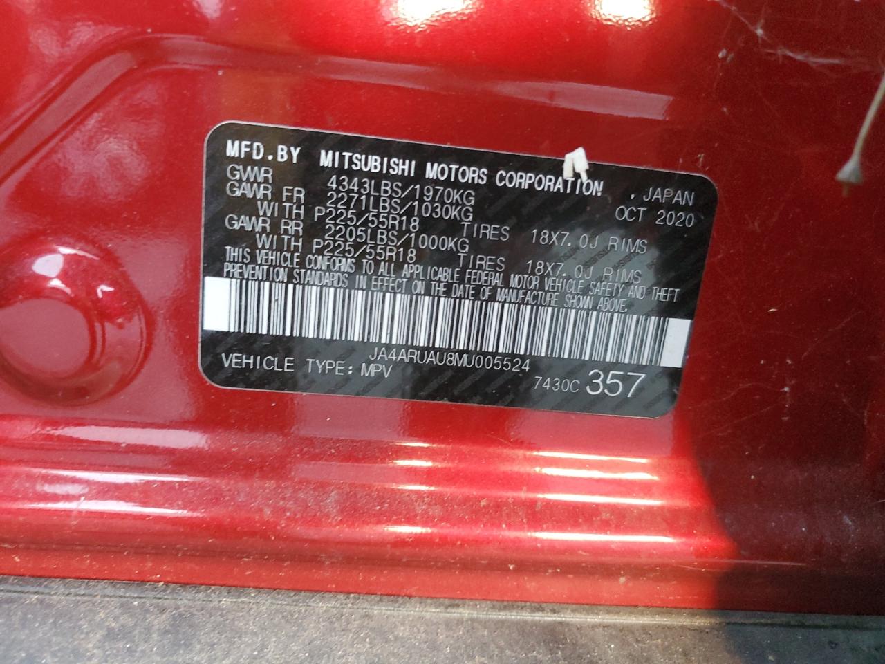 2021 Mitsubishi Outlander VIN JA4ARUAU8MU005524 Copart auction photo, top/roof damage thumbnail 13