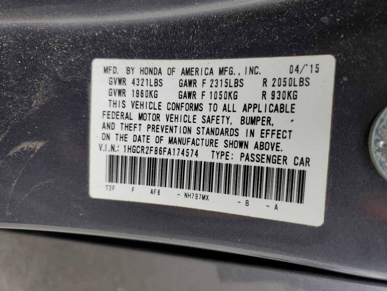 2015 Honda Accord VIN 1HGCR2F86FA174574 Copart auction photo, front end damage thumbnail 12