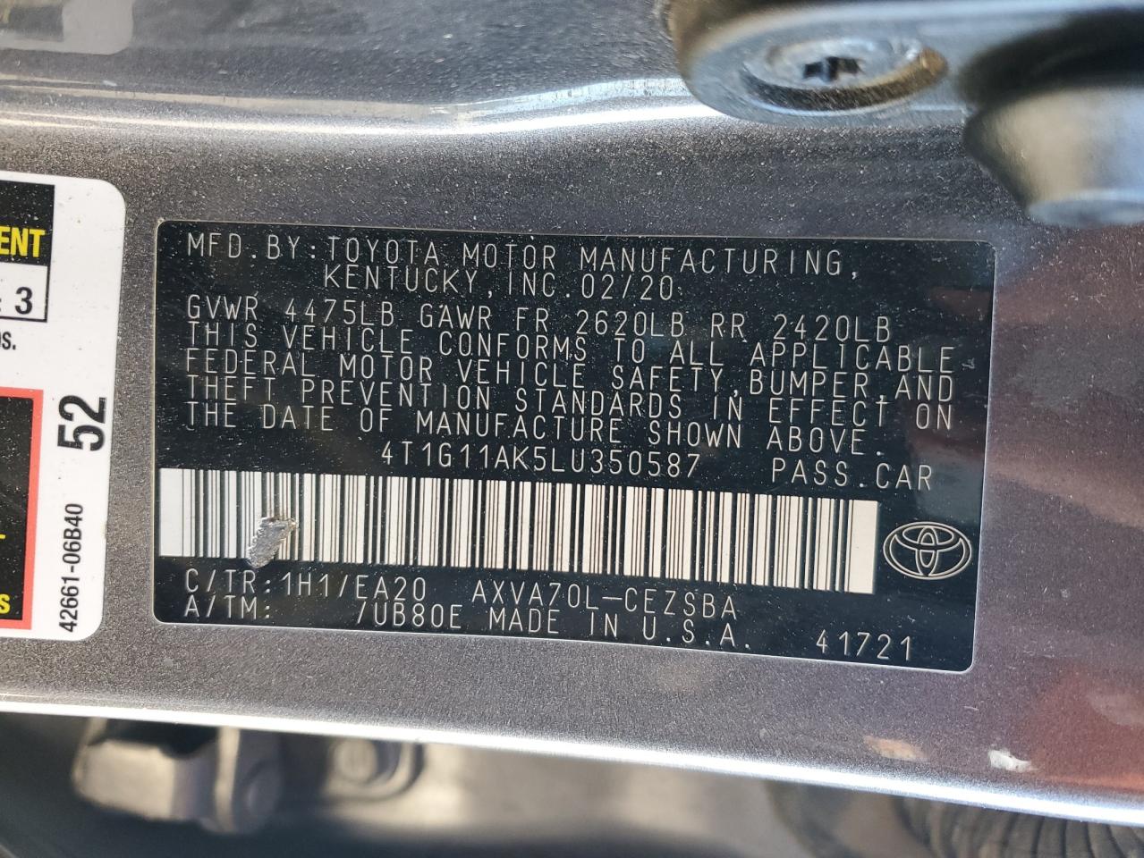 2020 Toyota Camry VIN 4T1G11AK5LU350587 Copart auction photo, rear end damage thumbnail 14
