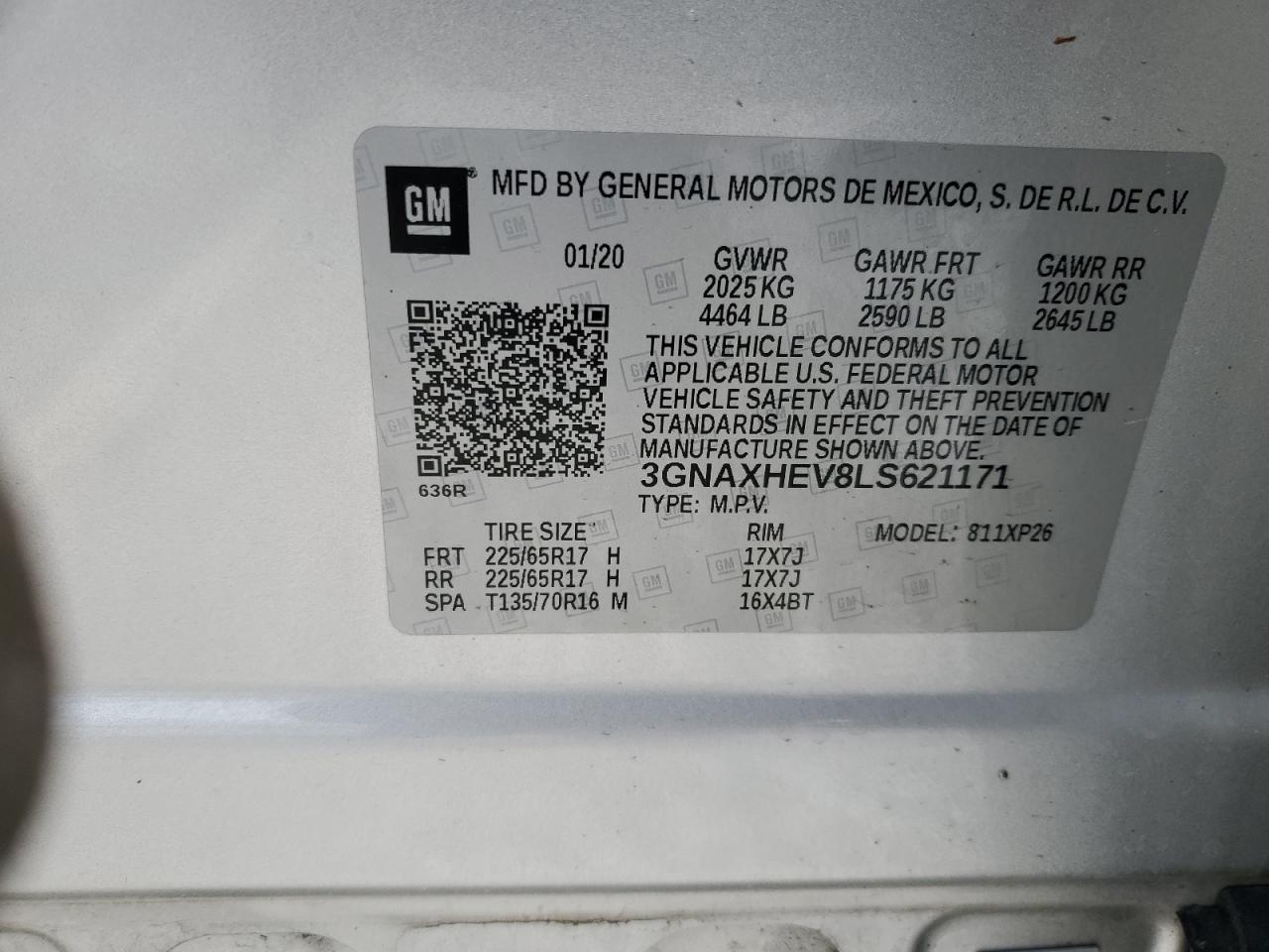 2020 Chevrolet Equinox VIN 3GNAXHEV8LS621171 Copart auction photo, front end / frame damage damage thumbnail 15