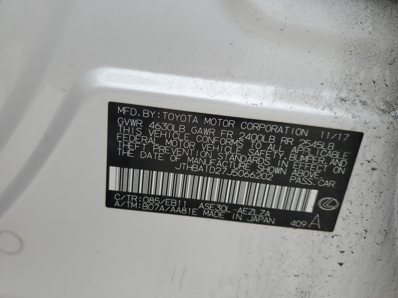 2018 Lexus IS VIN JTHBA1D27J5066202 Copart auction photo, front end / hail damage thumbnail 14
