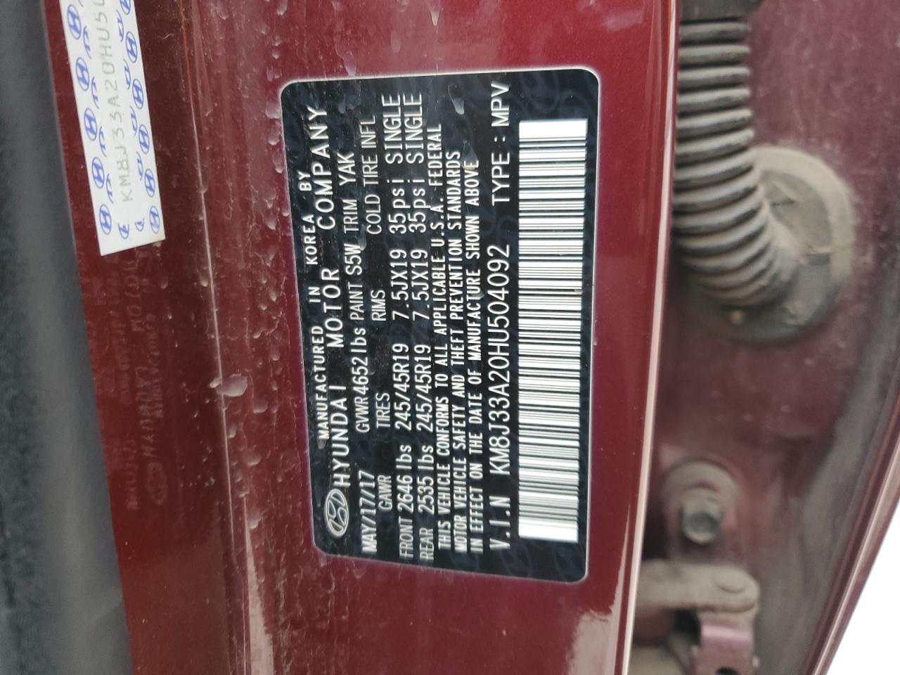 2017 Hyundai Tucson VIN KM8J33A20HU504092 Copart auction photo, hail / all over damage thumbnail 14