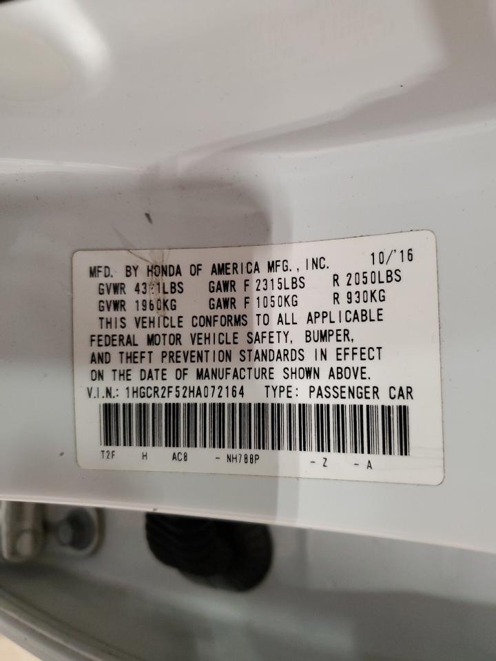 2017 Honda Accord VIN 1HGCR2F52HA072164 Copart auction photo, front end / side damage thumbnail 14