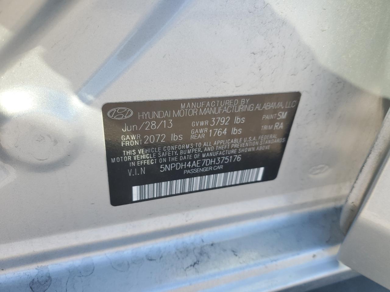 2013 Hyundai Elantra VIN 5NPDH4AE7DH375176 Copart auction photo, side / front end damage thumbnail 12