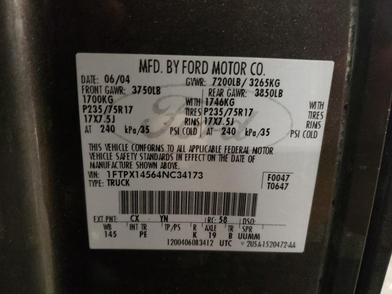 2004 Ford F-150 VIN 1FTPX14564NC34173 Copart auction photo, rear end damage thumbnail 12
