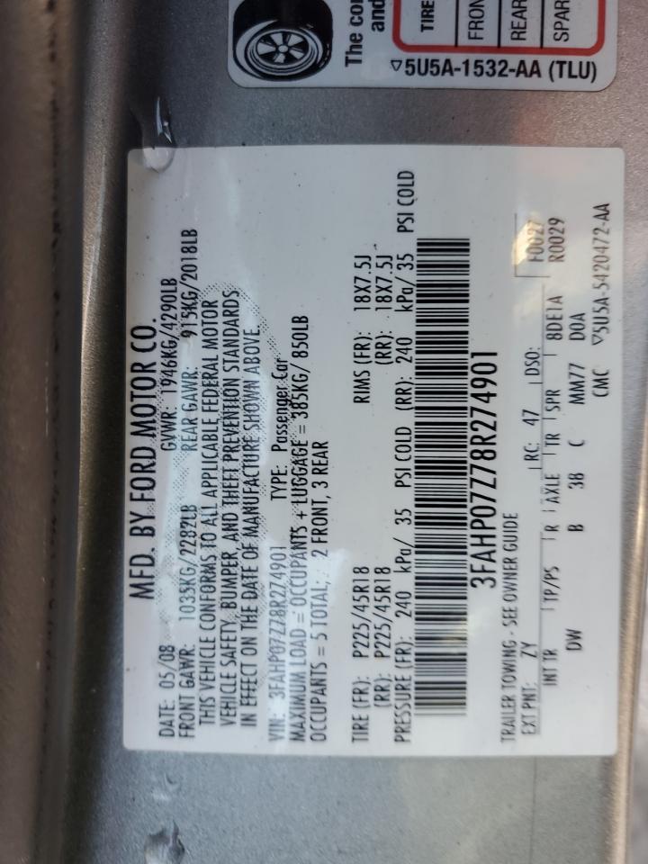2008 Ford Fusion VIN 3FAHP07Z78R274901 Copart auction photo, front end / minor dent/scratches damage thumbnail 12