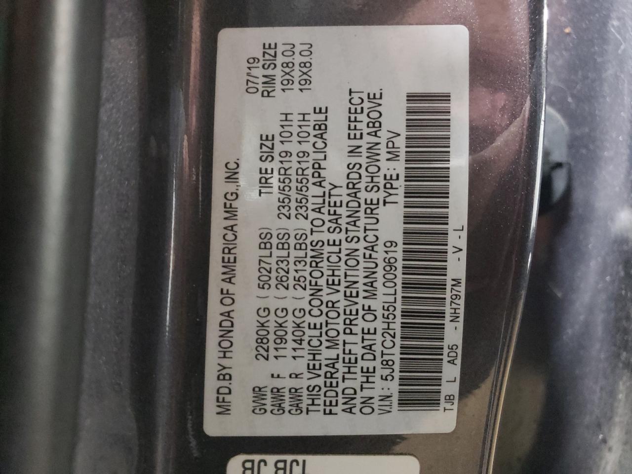 2020 Acura RDX VIN 5J8TC2H55LL009619 Copart auction photo, front end damage thumbnail 12