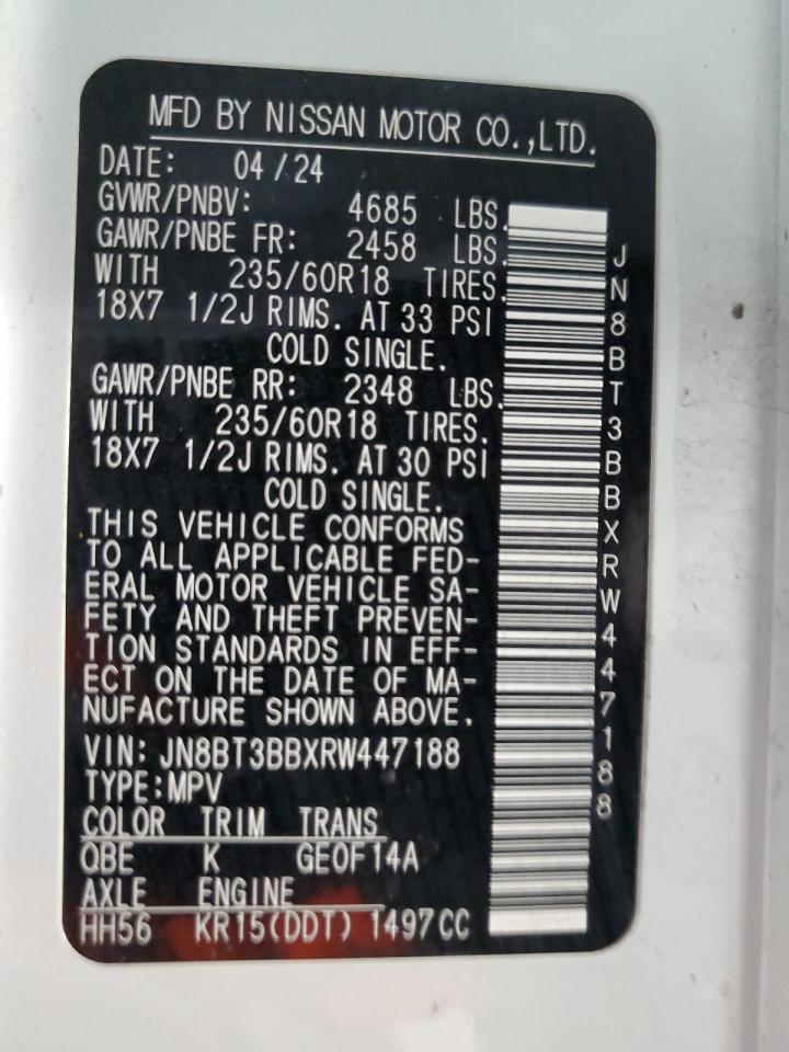 2024 Nissan Rogue VIN JN8BT3BBXRW447188 Copart auction photo, side damage thumbnail 13