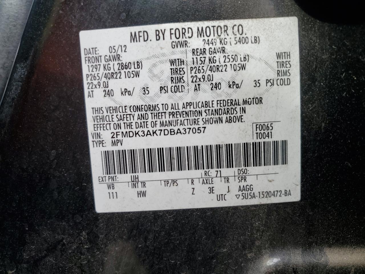 2013 Ford Edge VIN 2FMDK3AK7DBA37057 Copart auction photo, rear end / side damage thumbnail 12