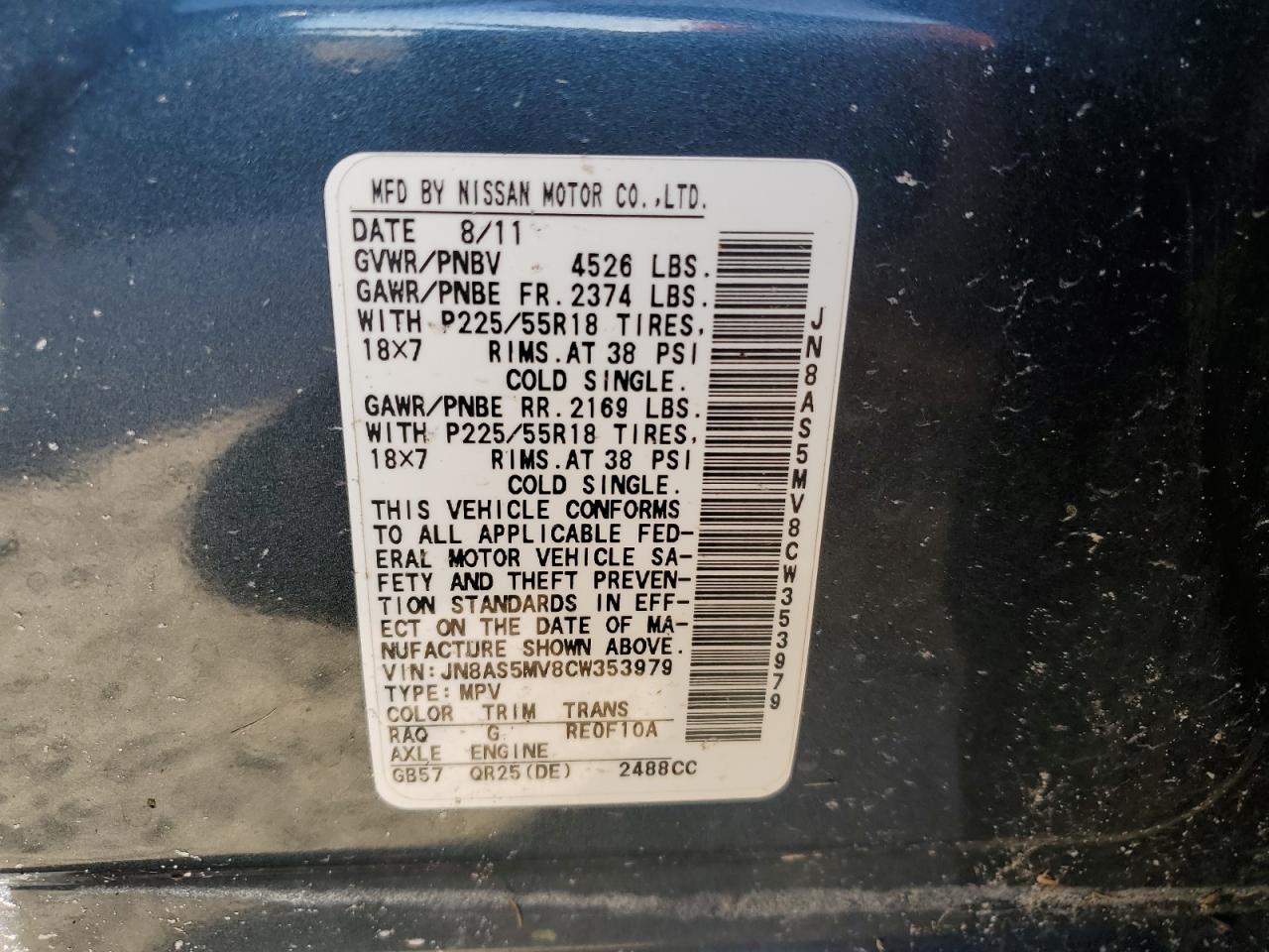 2012 Nissan Rogue VIN JN8AS5MV8CW353979 Copart auction photo, water/flood damage thumbnail 13