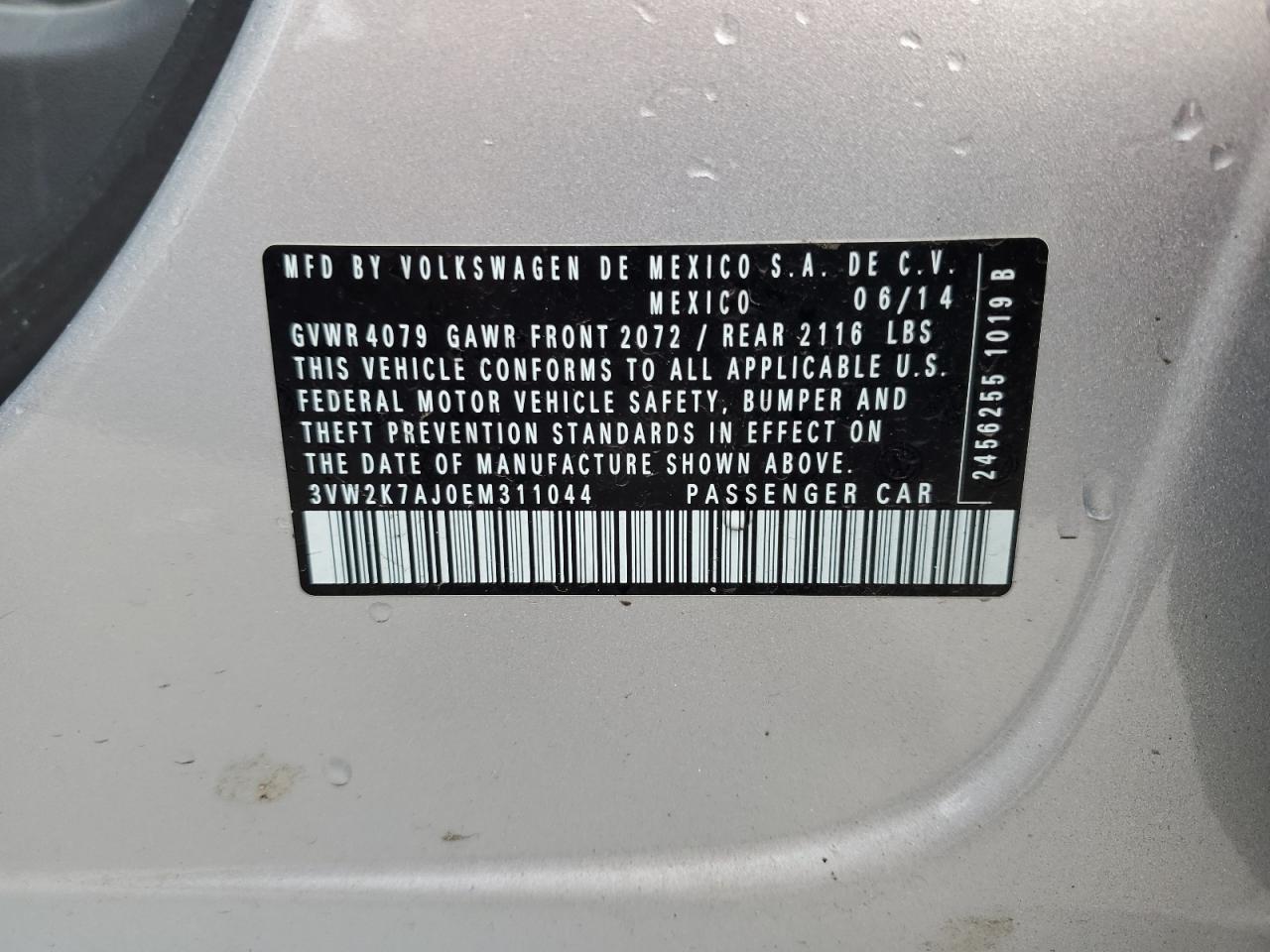 2014 Volkswagen Jetta VIN 3VW2K7AJ0EM311044 Copart auction photo, side / front end damage thumbnail 13
