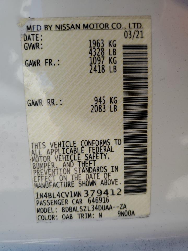 2021 Nissan Altima VIN 1N4BL4CV1MN379412 Copart auction photo, rear end damage thumbnail 12