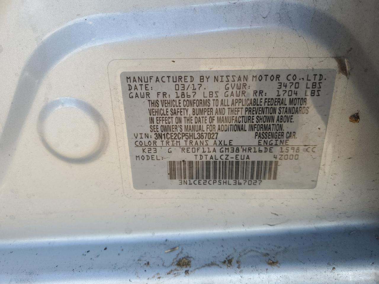 2017 Nissan Versa VIN 3N1CE2CP5HL367027 Copart auction photo, all over damage thumbnail 14