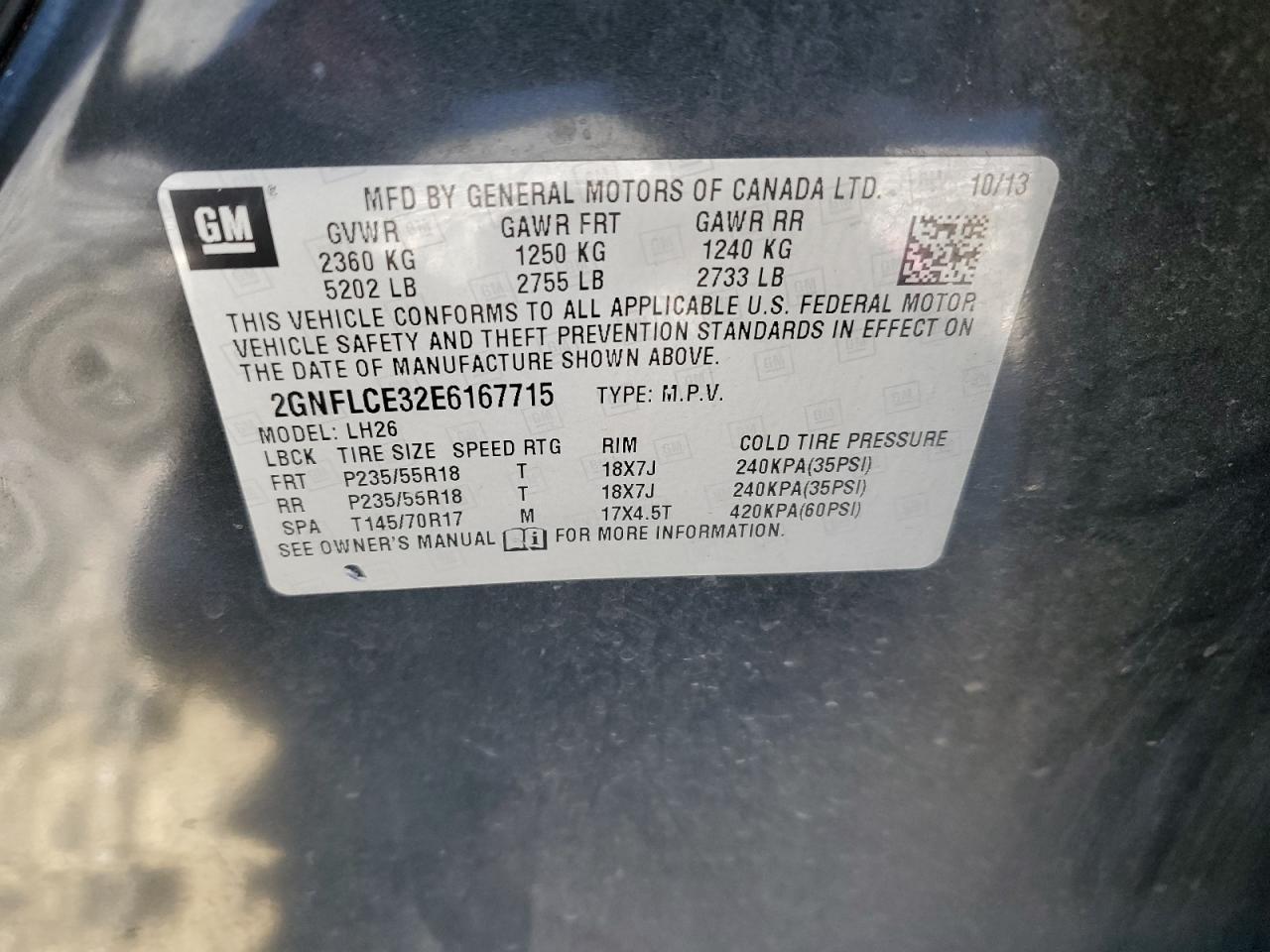 2014 Chevrolet Equinox VIN 2GNFLCE32E6167715 Copart auction photo, front end / undercarriage damage thumbnail 13