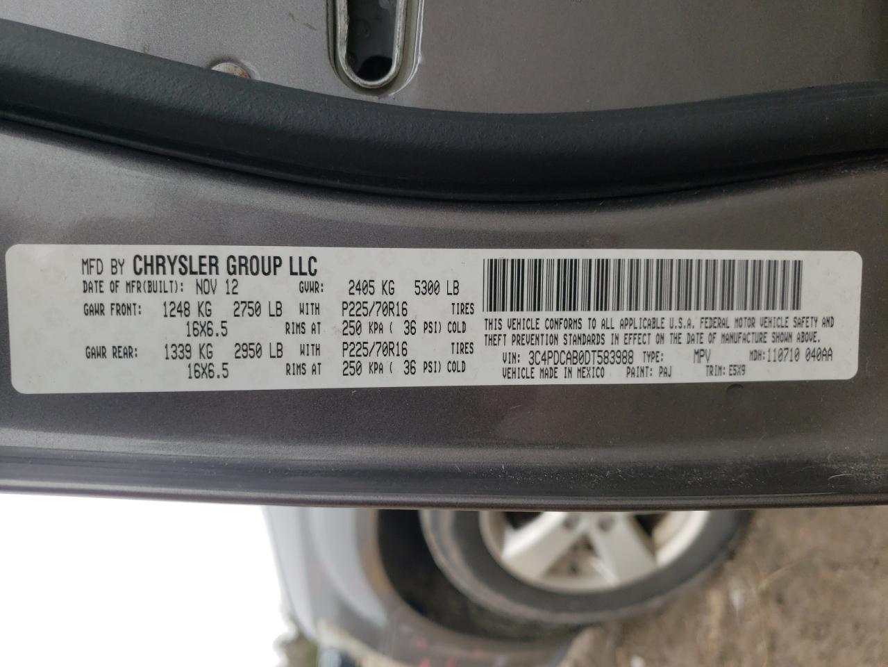 2013 Dodge Journey VIN 3C4PDCAB0DT583988 Copart auction photo, rear end damage thumbnail 14