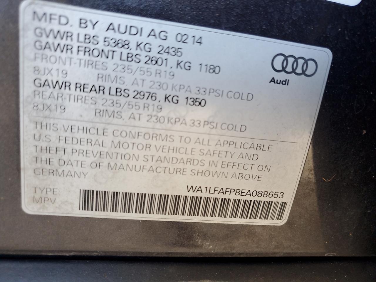 2014 Audi Q5 VIN WA1LFAFP8EA088653 Copart auction photo, rear end damage thumbnail 12