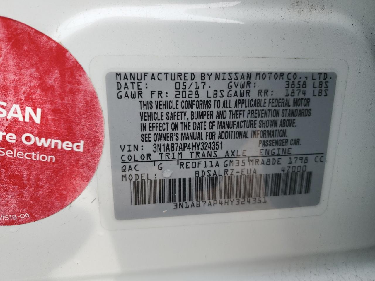 2017 Nissan Sentra VIN 3N1AB7AP4HY324351 Copart auction photo, rear end / minor dent/scratches damage thumbnail 12