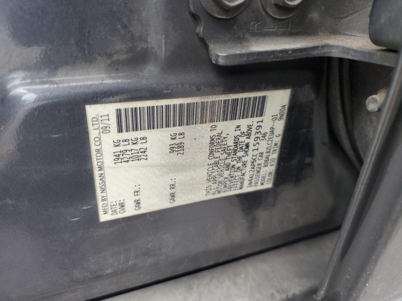 2012 Nissan Altima VIN 1N4AL2AP6CC159391 Copart auction photo, frame damage / side damage thumbnail 12