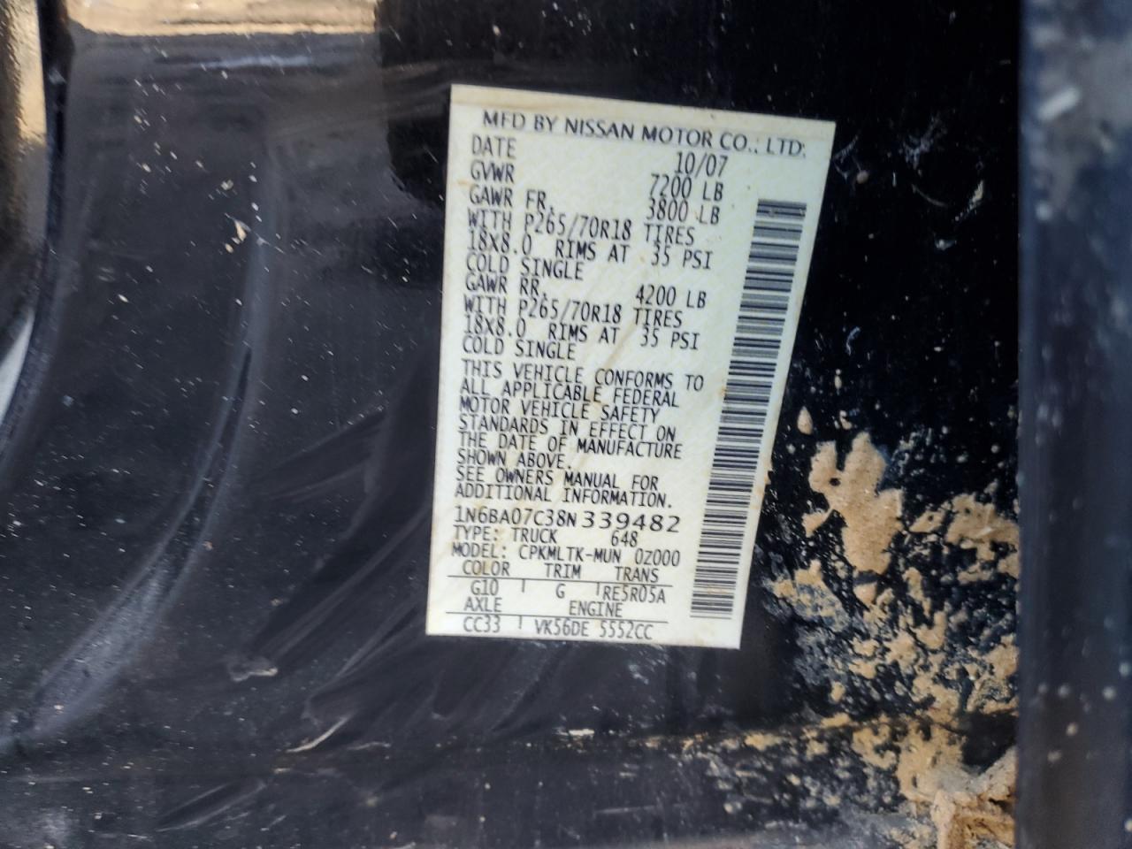 2008 Nissan Titan VIN 1N6BA07C38N339482 Copart auction photo, front end / side damage thumbnail 12