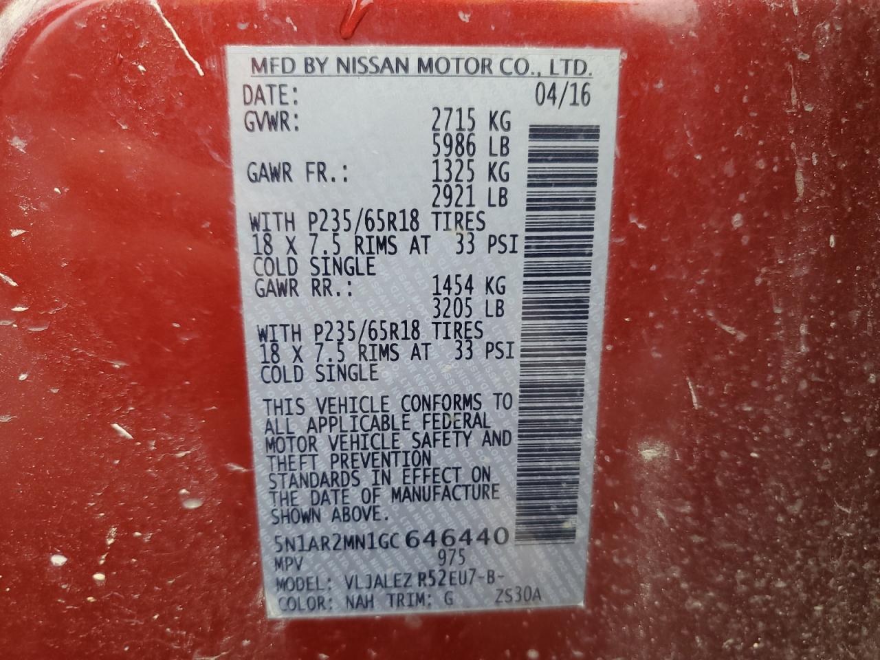 2016 Nissan Pathfinder VIN 5N1AR2MN1GC646440 Copart auction photo, front end / minor dent/scratches damage thumbnail 16