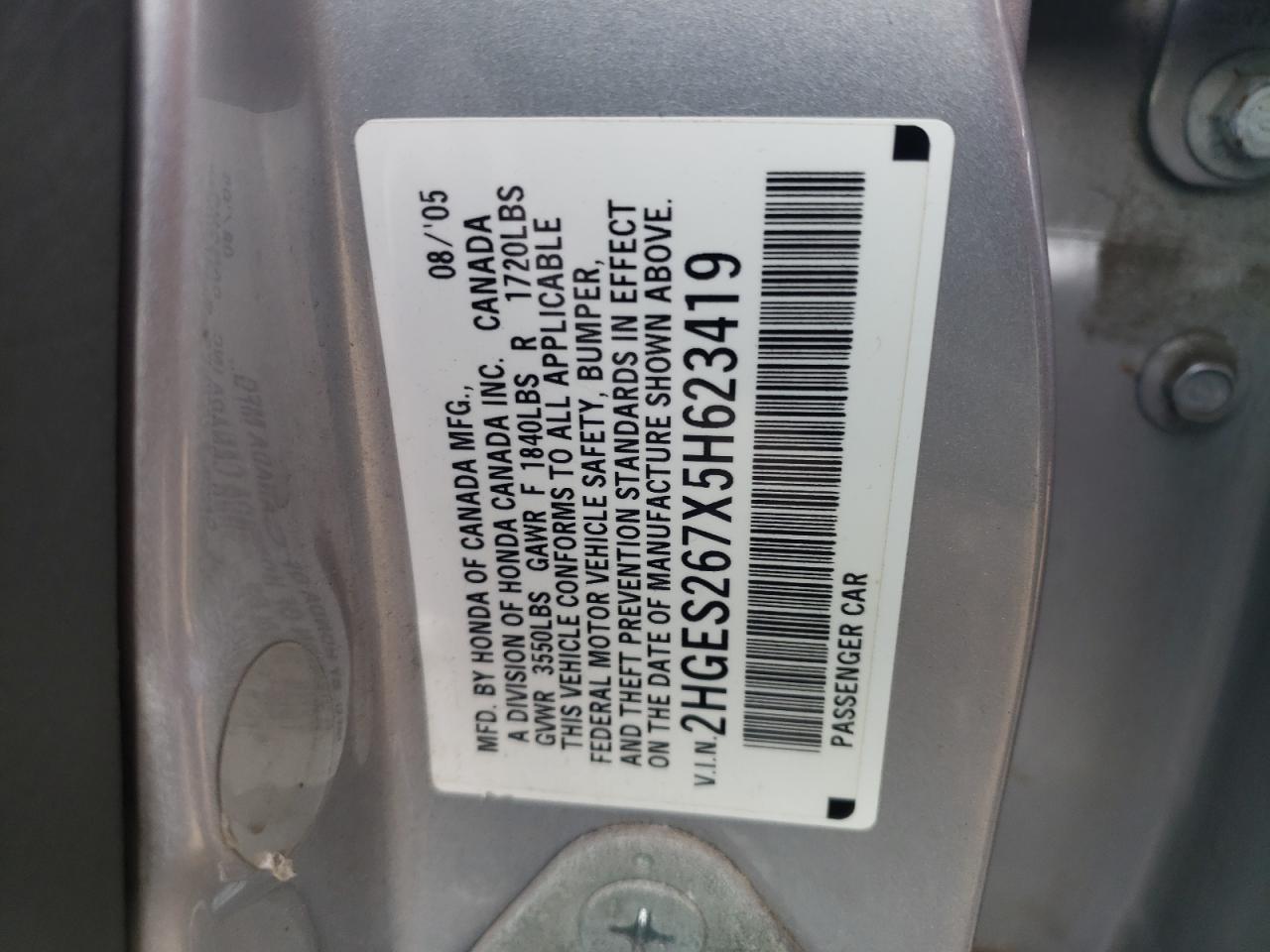2005 Honda Civic VIN 2HGES267X5H623419 Copart auction photo, front end / rear end damage thumbnail 12
