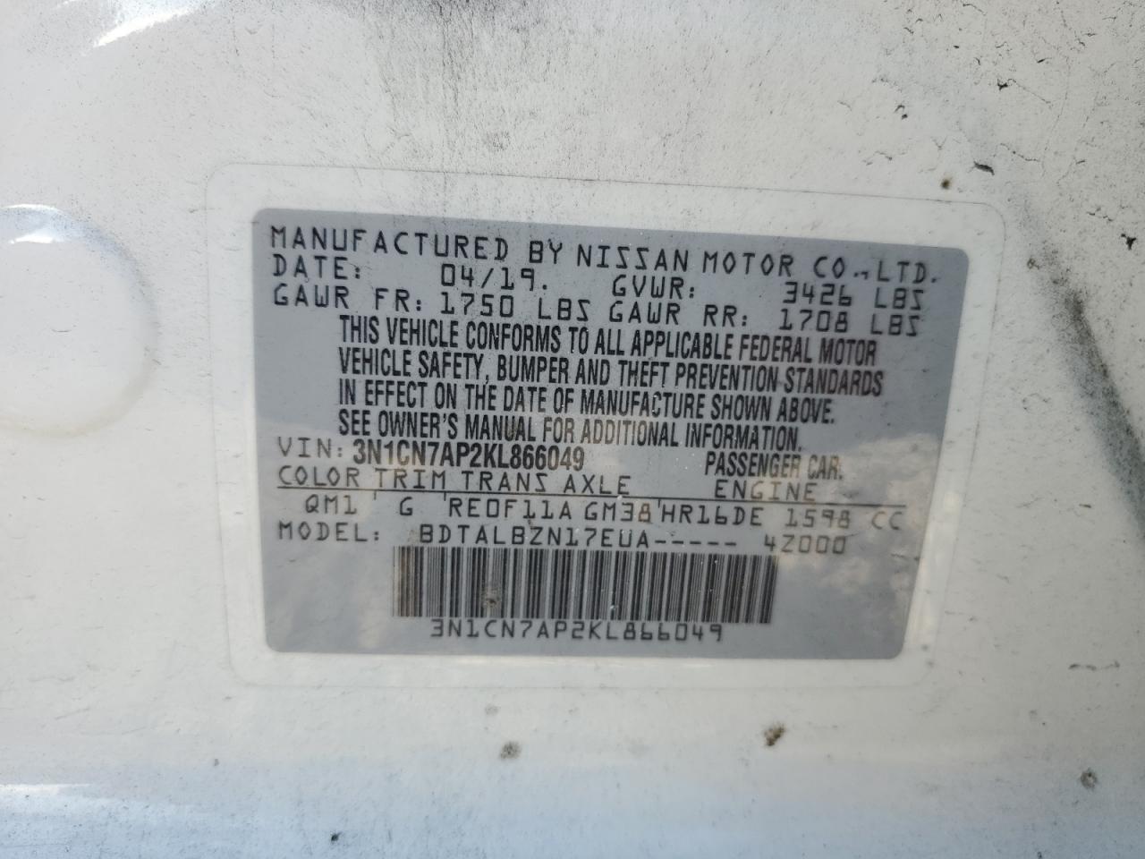2019 Nissan Versa VIN 3N1CN7AP2KL866049 Copart auction photo, front end / side damage thumbnail 13