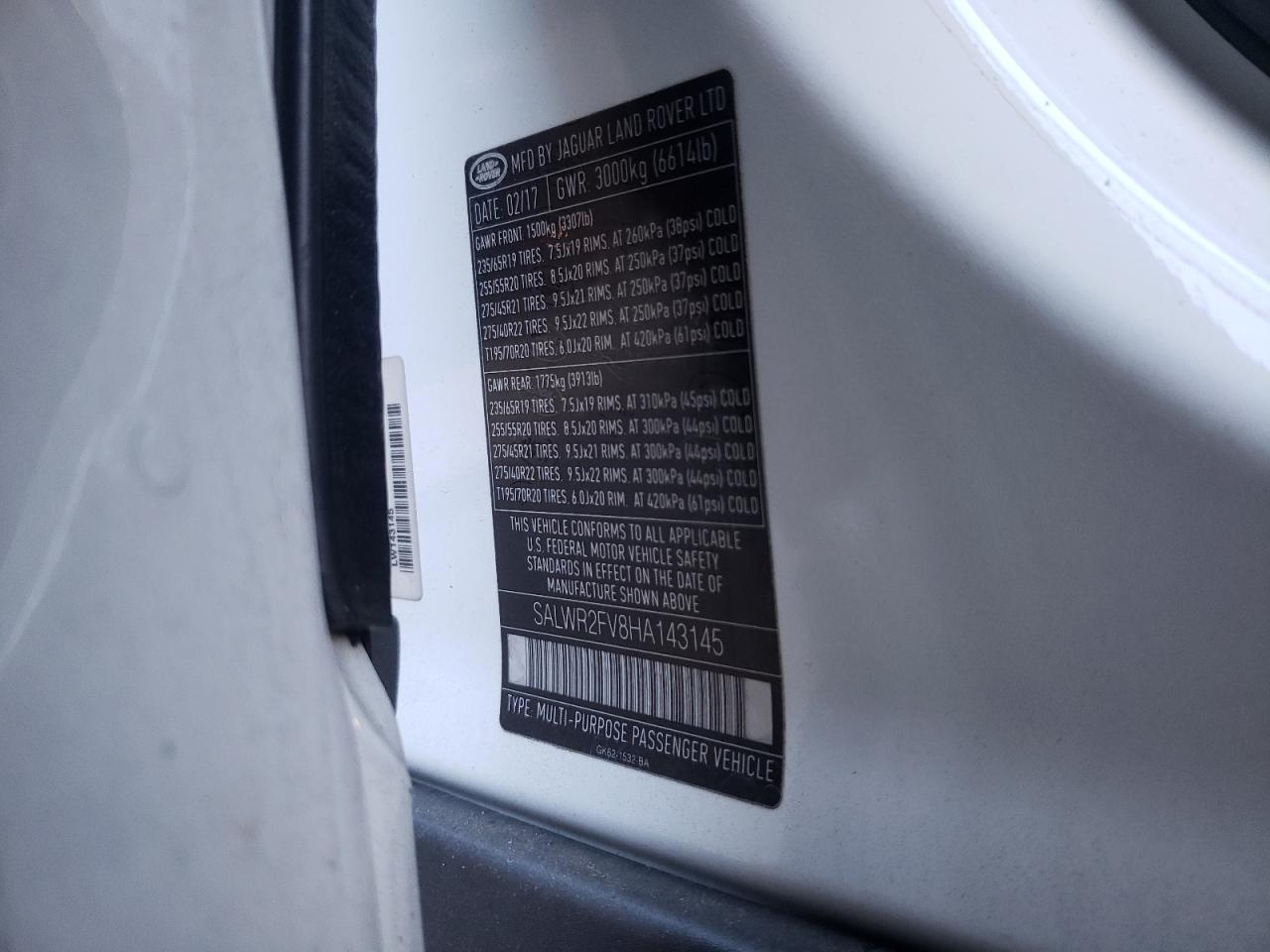2017 Land Rover Range Rover VIN SALWR2FV8HA143145 Copart auction photo, rear end damage thumbnail 14