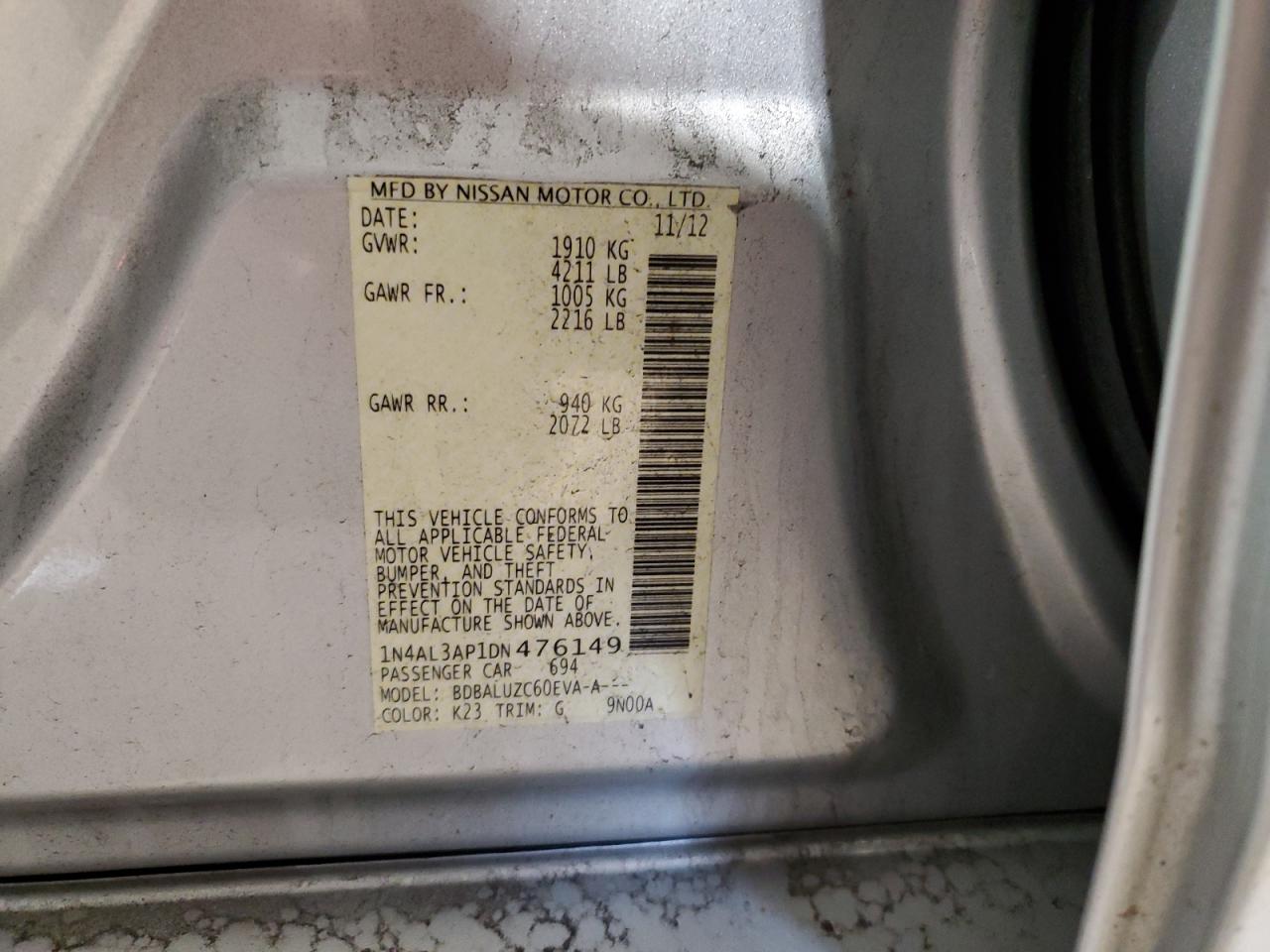 2013 Nissan Altima VIN 1N4AL3AP1DN476149 Copart auction photo, rear end / front end damage thumbnail 14
