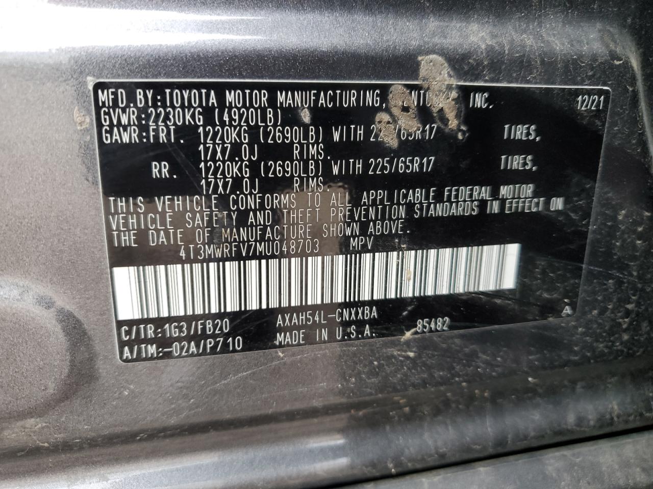 2021 Toyota RAV 4 VIN 4T3MWRFV7MU048703 Copart auction photo, front end damage thumbnail 12