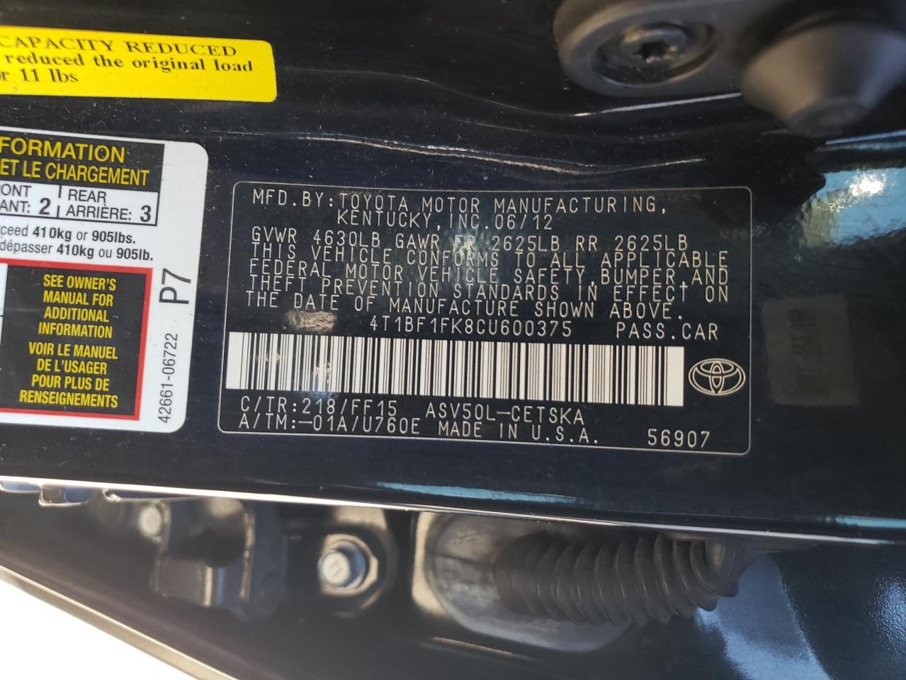 2012 Toyota Camry VIN 4T1BF1FK8CU600375 Copart auction photo, front end damage thumbnail 14