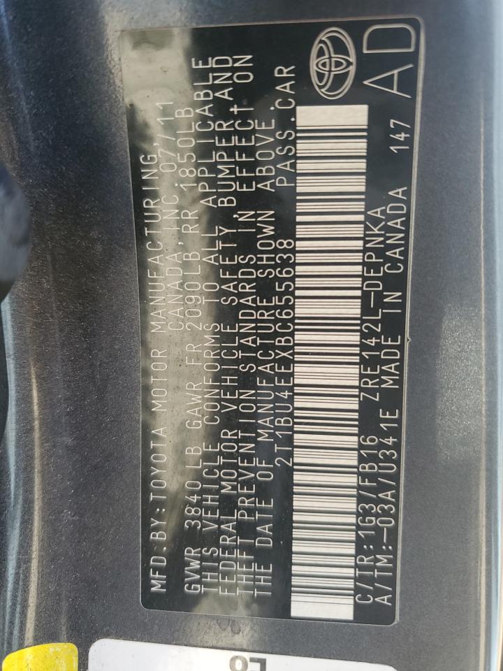 2011 Toyota Corolla VIN 2T1BU4EEXBC655638 Copart auction photo, side / rear end damage thumbnail 14